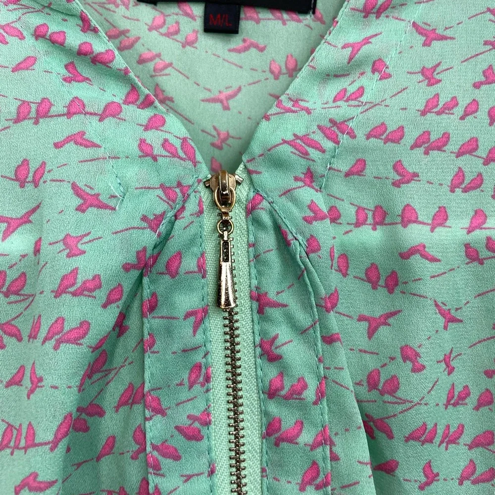 EUC SM Wardrobe women’s turquoise pink sleeveless sheer half‎ zip blouse summer